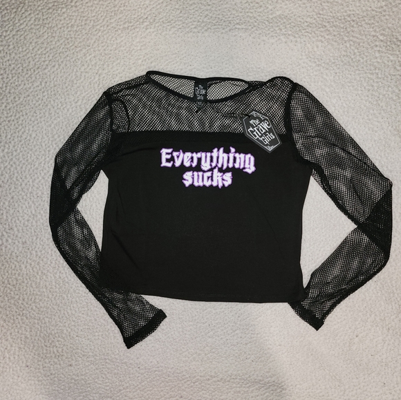 NWT Dolls Kill Black , Sheer Everything Sucks Long Sleeve Tee - Picture 5 of 10